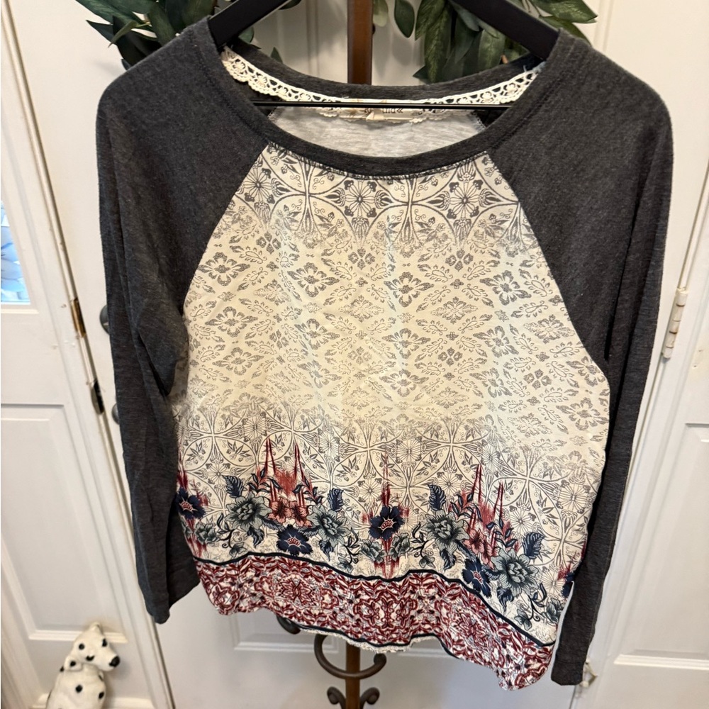 Rewind Floral Print Mixed Fabric Top Blouse LS L